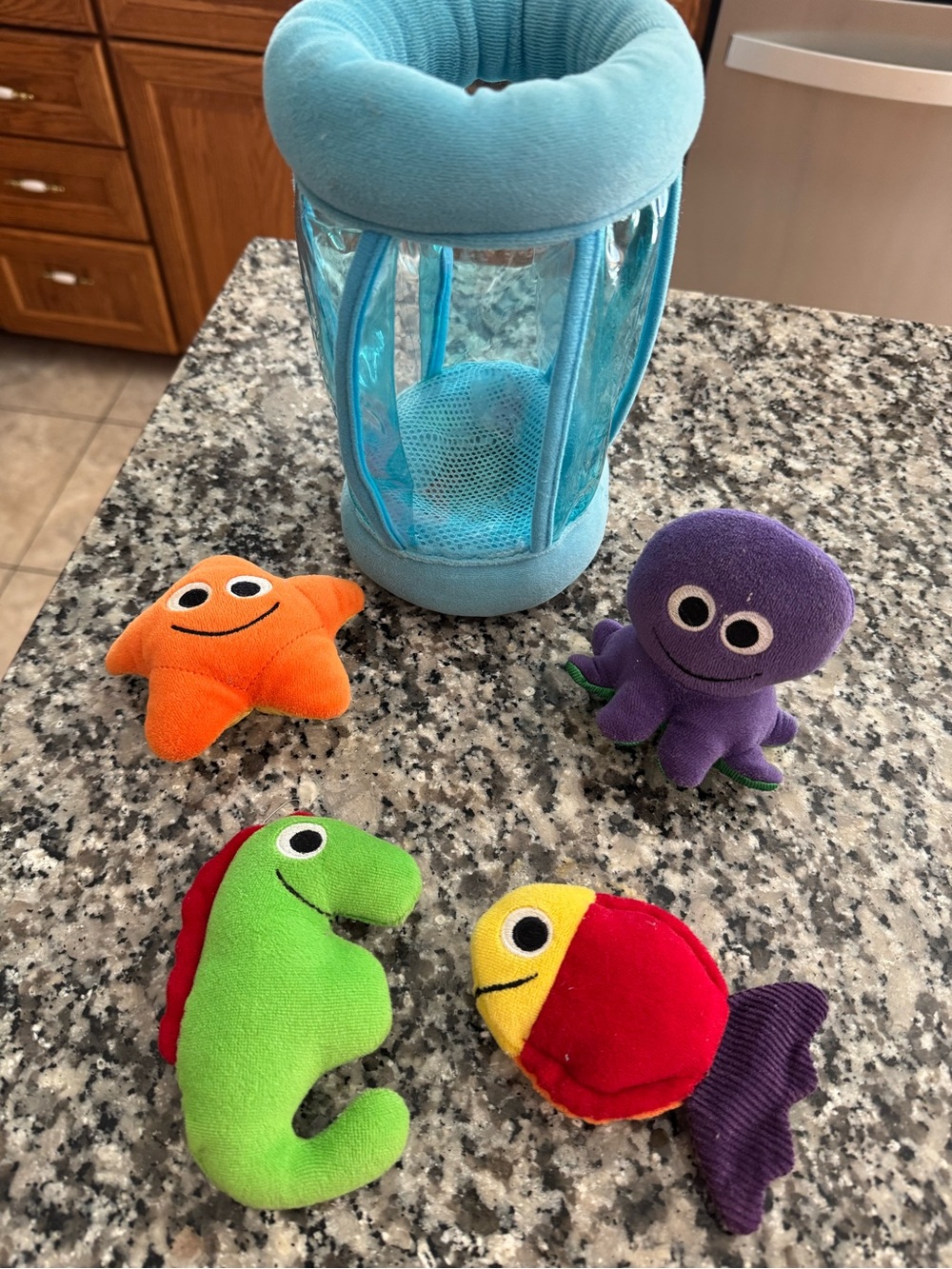 Kids Plush Bath Toy Set with Blue Mesh Storage